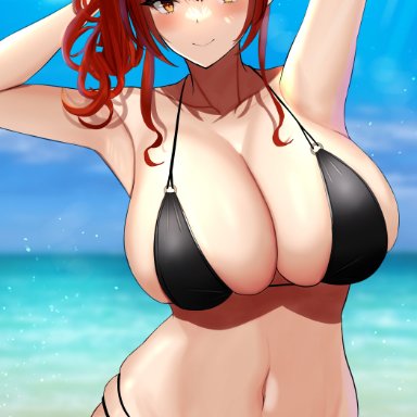 azur lane, zara (azur lane), minato81345, 1girls, ahoge, armpits, arms above head, arms up, beach, bikini, black bikini, breasts, cleavage, female, female only