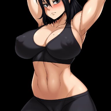 my hero academia, nana shimura, jmg jellybean, abs, ass visible through thighs, big ass, big breasts, black background, black sports bra, blushing, leggings, looking at viewer, mole on breast, mole under mouth, muscular female