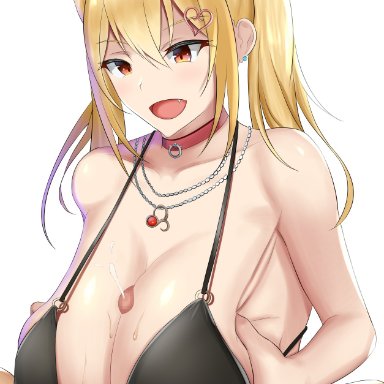 original, saaya (kirome), minato81345, 1boy, ahoge, bangs, bikini, bikini under clothes, black bikini, blonde hair, breast squeeze, breasts, choker, cleavage, cum