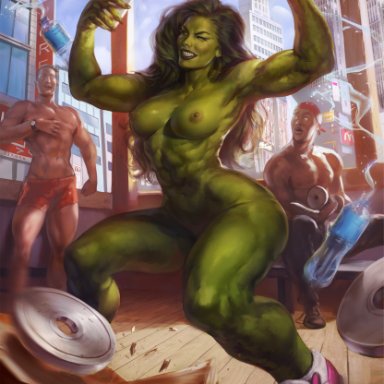 marvel, marvel comics, jennifer walters, she-hulk, tixnen, 1girls, 2boys, areolae, breasts, exhibitionism, female, female focus, green hair, green skin, gym