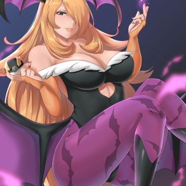 capcom, darkstalkers, game freak, nintendo, pokemon, pokemon dppt, cynthia (pokemon), morrigan aensland (cosplay), rinku bny, ass, bangs, bat wings, blonde hair, breasts, colored nails