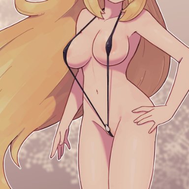 pokemon, cynthia (pokemon), lamb-oic029, pubic hair, sling bikini