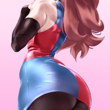 dragon ball, dragon ball fighterz, android 21, android 21 (human), closer (artist), 1girls, ass, ass focus, big ass, blue eyes, brown hair, clothed, earrings, female, female only