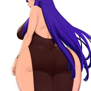 remomon, ass, ass focus, big ass, bottom heavy, bubble butt, dress, huge ass, large ass, long hair, looking at viewer, presenting hindquarters, purple hair, red eyes, sideboob