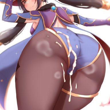 genshin impact, mona (genshin impact), aqua eyes, ass, blush, breasts, cum, cum on ass, female, from behind, gloves, gumisyrup, hat, leotard, looking at viewer