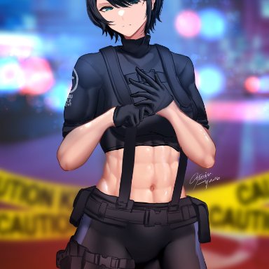 hololive, oozora subaru, ryo (ryo artys), abs, belt, black hair, car, caution tape, female, gloves, ground vehicle, gun, handgun, motor vehicle, muscular