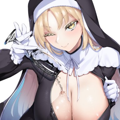 nijisanji, sister cleaire, enryuu (rmxs3488), 1girls, blonde hair, breasts, busty, cleavage, female, large breasts, looking at viewer, nun, nun outfit, one eye closed, pouring