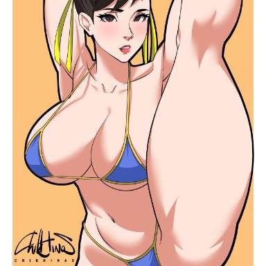 capcom, street fighter, chun-li, chikhinas, 1girls, armpits, arms up, big breasts, bikini, blue bikini, blush, breasts, brown eyes, brown hair, busty