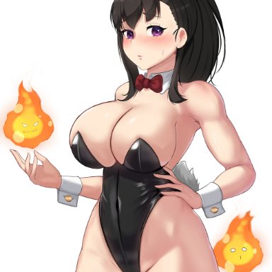 enen no shouboutai, fire force, oze maki, hioyami, 1girls, black hair, black leotard, breasts, bunny ears, bunny girl, bunnysuit, cleavage, female, female only, highleg leotard