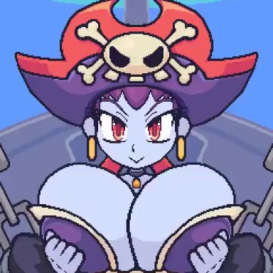 shantae, risky boots, wonster-chan, 1boy, 1boy1girl, 1female, 1girl, 1girls, areola, big breasts, blue skin, breasts, duo, exposed breasts, huge breasts