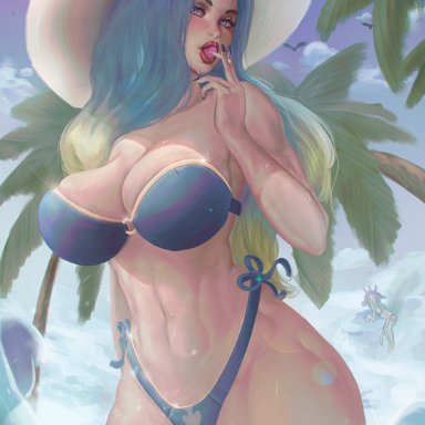league of legends, riot games, sona buvelle, camille waifu, 1girls, athletic, big breasts, bikini, blue eyes, blue hair, breasts, curvy, female, female only, huge breasts
