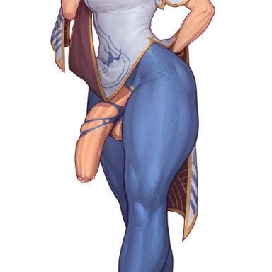 street fighter, street fighter 6, chun-li, asura (artist), 1futa, balls, biting, biting lip, breasts, brown eyes, brown hair, chinese clothes, clothed, clothing, double bun