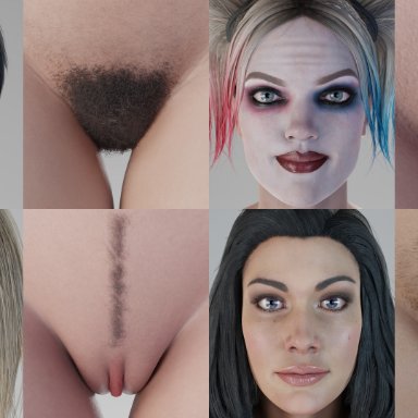 dc, dc comics, injustice 2, catwoman, harley quinn, power girl, wonder woman, 4girls, artistic, closeup, female, female only, hairy pussy, juxtaposition, light-skinned female