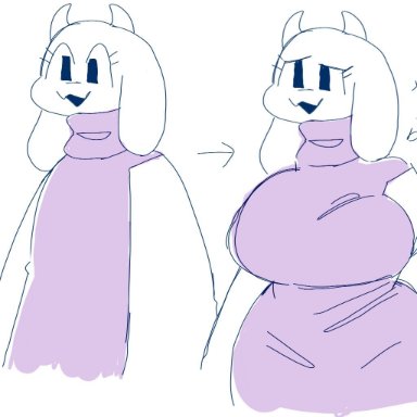 undertale, toriel, puppychan, 1girls, big breasts, chubby, dress, female only, goat horns, purple shirt, t-shirt/pajamas challenge, white fur, wide hips, lowres, meme