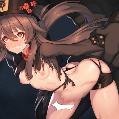 genshin impact, hilichurls (species), hu tao (genshin impact), mitachurl, rikume, arms behind back, ass, black headwear, black shorts, blush, breasts, brown hair, crying, crying with eyes open, female