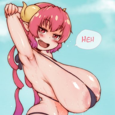 miss kobayashi's dragon maid, ilulu (dragon maid), randomboobguy, 1girls, big breasts, bikini, horns, huge breasts, hyper breasts, long hair, long tail, micro bikini