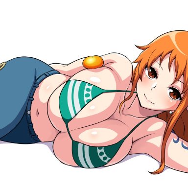 one piece, nami, tawashi1623, big breasts, bikini top, jeans, laying on side, long hair, looking at viewer, lying on side, orange hair, solo
