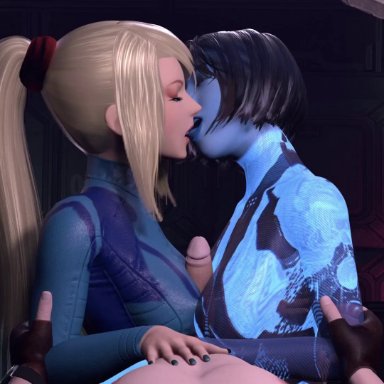 cortana, samus aran, arti202, 1boy, 2girls, 2girls1boy, cum, double paizuri, kissing, naked, paizuri, pov, animated, commission, tagme