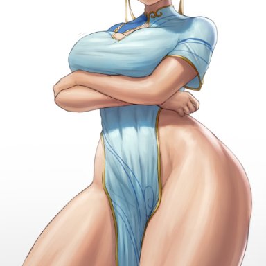 capcom, street fighter, street fighter 6, chun-li, superbusty, 1girls, bare legs, blush, breasts, brown eyes, brown hair, china dress, cleavage, dress, embarrassed