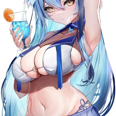 hololive, yukihana lamy, lamium (artist), 1girls, ahoge, armpits, bangs, big ass, big breasts, blue hair, blush, breasts, elf, eyebrows visible through hair, fat ass