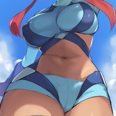 nintendo, pokemon, pokemon bw, pokemon bw2, gym leader, skyla (pokemon), suurin (ksyaro), 1girls, asymmetrical hair, blue eyes, booty shorts, breasts, clouds, crop top, female