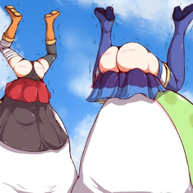 aqua (konosuba), megumin, 2girls, animal, ass, ass blush, bandaged leg, bandages, black panties, blue skirt, blue sky, blush, boots, cape, cloud