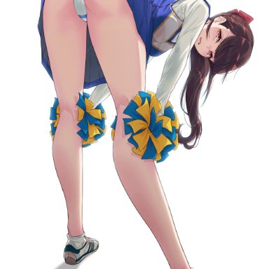 original, 40hara, ankle socks, ass, bangs, blue skirt, bow, breasts, brown hair, cheerleader, eyebrows visible through hair, female, from behind, gesugao, long hair