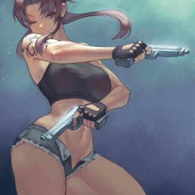 black lagoon, revy, zefra bleu, 1girls, armpits, belly button, crop top, erect nipples, erect nipples under clothes, female, fingerless gloves, gloves, guns, hips, jean shorts