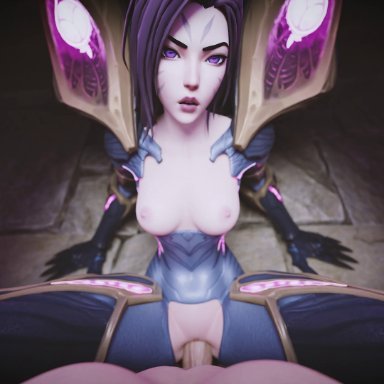 league of legends, kai'sa, lazysoba, 1boy, 1girls, alternate costume, athletic female, bodysuit, breasts, breasts out, clothed, clothed female nude male, facial markings, female, gloves