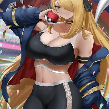 nintendo, pokemon, pokemon dppt, cynthia (pokemon), garchomp, cyi, 1girls, 1pokemon, blonde hair, breasts, cleavage, female, hair ornament, hair over one eye, hips