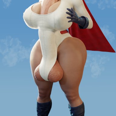 dc, dc comics, power girl, donan, autofellatio, autopaizuri, blonde hair, blowjob, boobjob, boots, cum, cum in mouth, cum in own mouth, futanari, huge balls