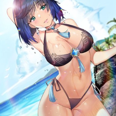 genshin impact, yelan (genshin impact), 1girls, aile824, aile (artist), belly, belly button, big breasts, blue hair, breasts, female only, huge breasts, revealing, revealing clothes, revealing swimsuit