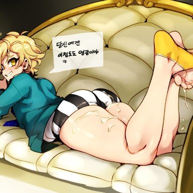 bishounen (series), ashikaga hyouta, doppel, 2boys, blonde hair, clothes, clothing, cum, cum on body, cum on lower body, feet, femboy, foot focus, footjob, gay