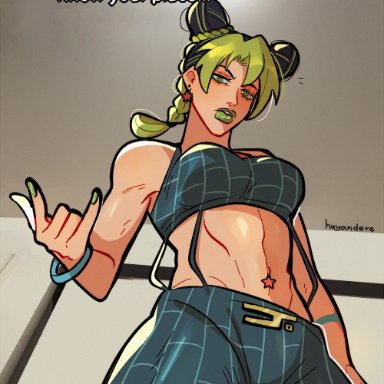 jojo's bizarre adventure, stone ocean, tiktok, gwess, jolyne kujo, huyandere, 1girls, abs, bare midriff, bare shoulders, big breasts, braid, braided hair, braided ponytail, breasts