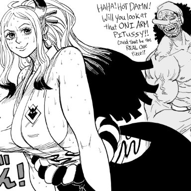 one piece, coomer, usopp, yamato (one piece), bb (baalbuddy), 1boy, 1girls, armpit fetish, clothing, comedy, funny, horns, huge breasts, muscular, muscular male