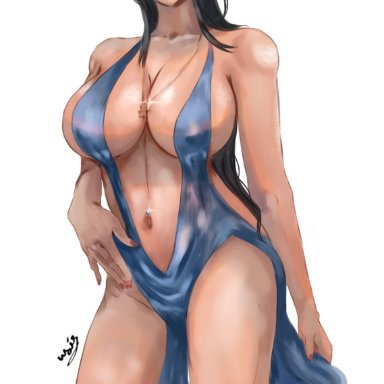 one piece, nico robin, qaismelon, 1girls, belly button, big breasts, black hair, blue eyes, breasts, cleavage, curvy, dress, exposed stomach, female, female only