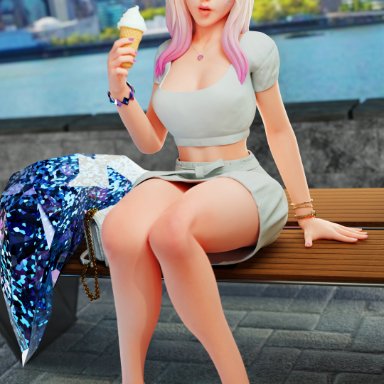 k/da series, league of legends, ahri, k/da ahri, sioppx, 1girls, bench, blonde hair, blue eyes, casual, clothed, girl, ice cream, kda, public