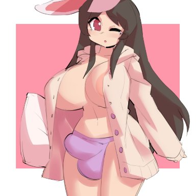 borvar, 1futa, animal ears, areolae, balls, big breasts, breasts, brown hair, bulge, bunny ears, bunny girl, button down shirt, clothed, clothing, flaccid