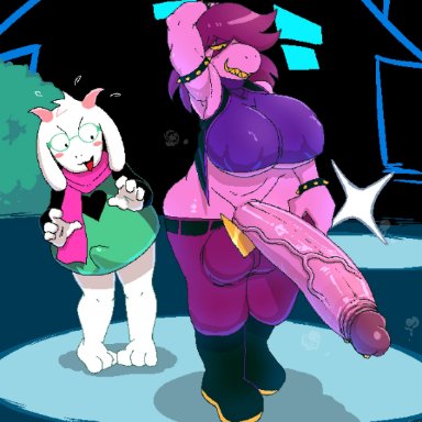 deltarune, ralsei, susie (deltarune), starykrow, 1boy, 1futa, anthro, big breasts, big penis, bottomless, breasts, clothed, clothing, duo, erection