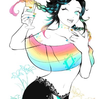 genshin impact, venti (genshin impact), mary firefly (artist), 1boy, blue eyes, chest tattoo, colored nails, dark hair, femboy, flag, flower, flower in hair, flowers, gay, gay flag