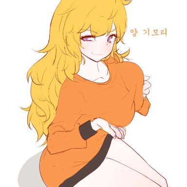 rwby, yang xiao long, narynn, blonde hair, female, female only, hoodie, long sleeves, looking at viewer, purple eyes, sitting, sweater, very long hair, korean text