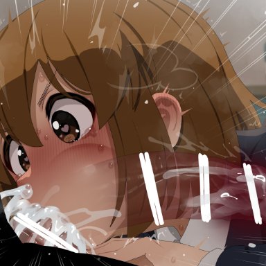 k-on!, yui hirasawa (k-on!), mizumizuni, thing (athing), 1boy, 1girls, big penis, blowjob, blush, brown hair, cum, cum in mouth, cum in throat, cum out nose, deepthroat