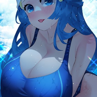 nintendo, pokemon, pokemon dppt, dawn (pokemon), sumisumii, 1girls, alternate breast size, blue eyes, blue hair, blush, breasts, cleavage, competition swimsuit, female, female only