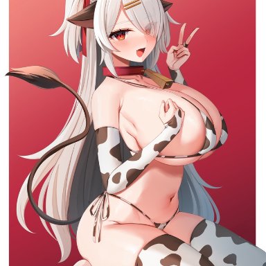 original, original character, marota (imyme maro), 1girls, animal ears, bikini, breasts, cow ears, cow girl, cow horns, cow print, cow print armwear, cow print bikini, cow print thighhighs, female