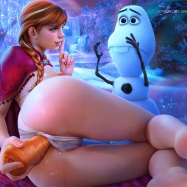 anna (frozen), olaf (frozen), demonlorddante, anal insertion, anal masturbation, big ass, breasts, cameltoe, carrot, erect nipples, frozen (disney), lying on side, nude, panties, red hair