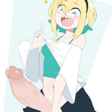 voms project, amano pikamee, sealguy, belly button, big balls, blonde hair, blonde pubic hair, clothed futanari, fully clothed, futa only, futanari, green eyes, green fingernails, green highlights, headband