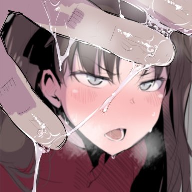 fate/stay night, fate (series), tohsaka rin, amo takumi, blue eyes, blush, female, fter fingering, green eyes, long hair, looking at viewer, open mouth, pussy juice, pussy juice on fingers, pussy juice on hand