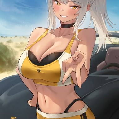 original, cona ember, original character, jagaimo, kkamja, 1girls, athletic, athletic female, blush, booty shorts, breasts, car, cleavage, female, female only