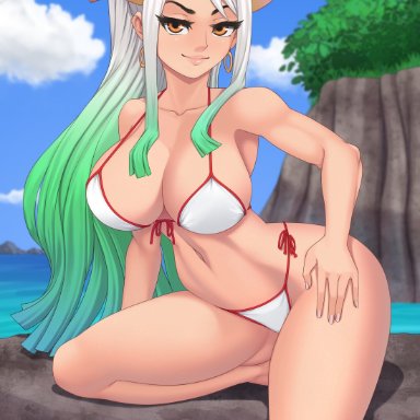 one piece, yamato (one piece), rocky-ace, 1girls, amber eyes, bedroom eyes, bikini, cleavage, green hair, horns, huge breasts, long hair, looking at viewer, multicolored hair, voluptuous