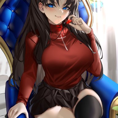 fate/stay night, fate (series), tohsaka rin, enmanuelart20, 1girls, alternate breast size, blue eyes, breasts, brown hair, clothed, clothed female, female, female only, hips, huge breasts